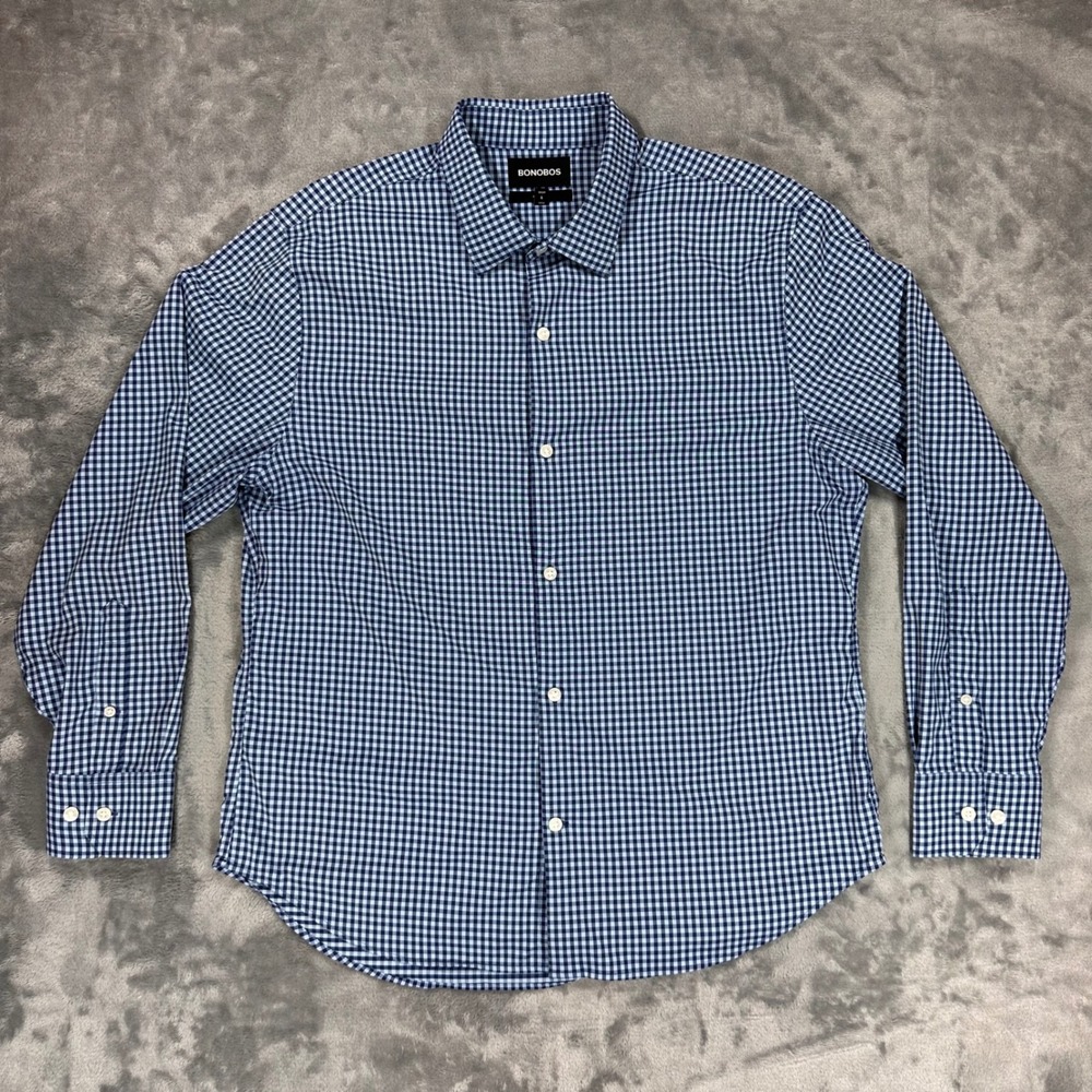 Bonobos Mens Athletic Fit Short Gingham Button Down Shirt Navy Blue Large L